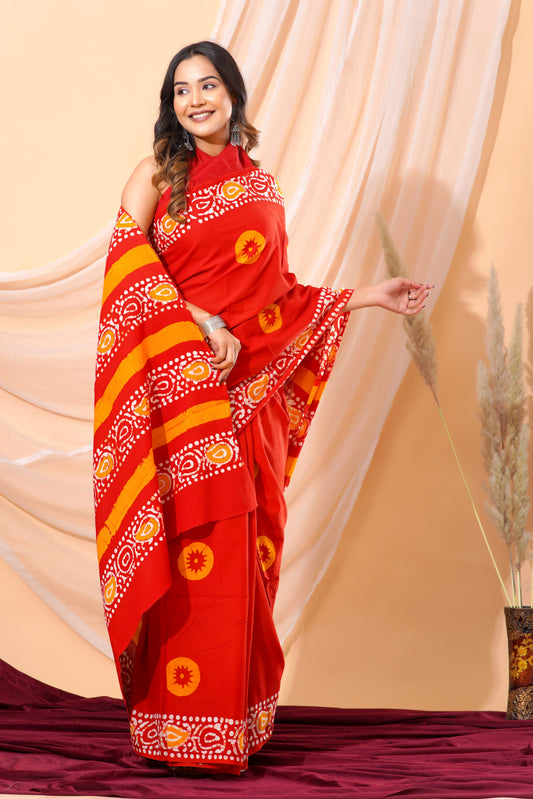 Jaipuri Hand Block Print Pure Soft Cotton Mulmul Saree With Blouse Piece