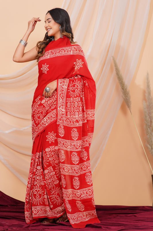 Jaipuri Hand Block Print Pure Soft Cotton Mulmul Saree With Blouse Piece