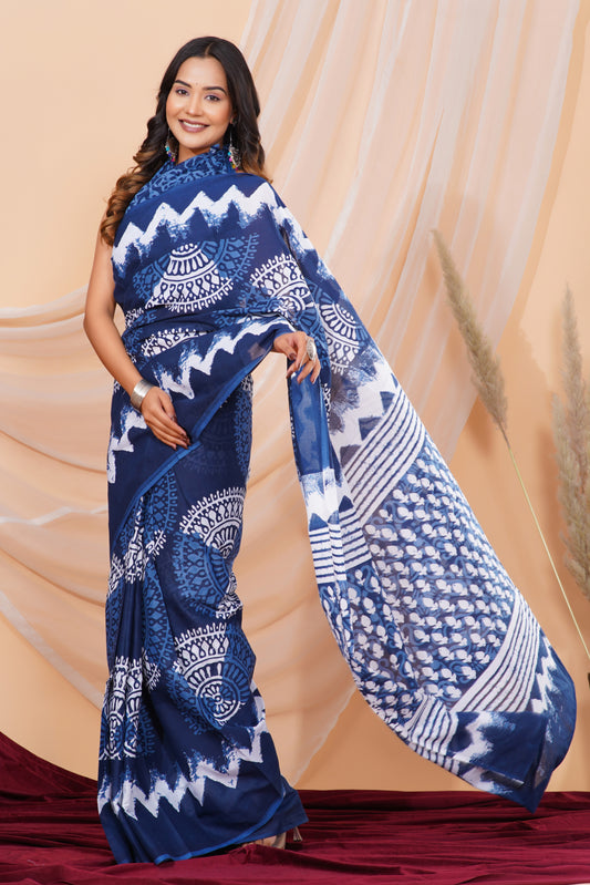 Jaipuri Hand Block Print Pure Soft Cotton Mulmul Saree With Blouse Piece