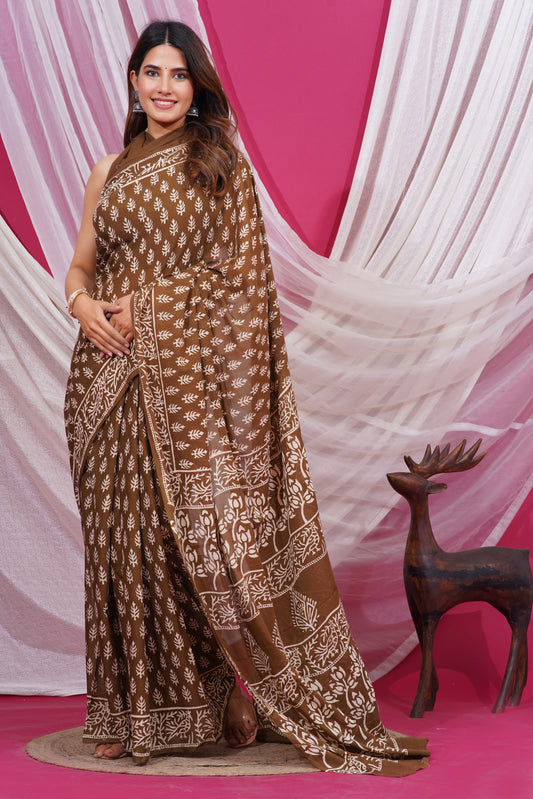 Jaipuri Hand Block Print Pure Soft Cotton Mulmul Saree With Blouse Piece