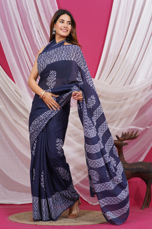 Jaipuri Hand Block Print Pure Soft Cotton Mulmul Saree With Blouse Piece (Royal Blue)