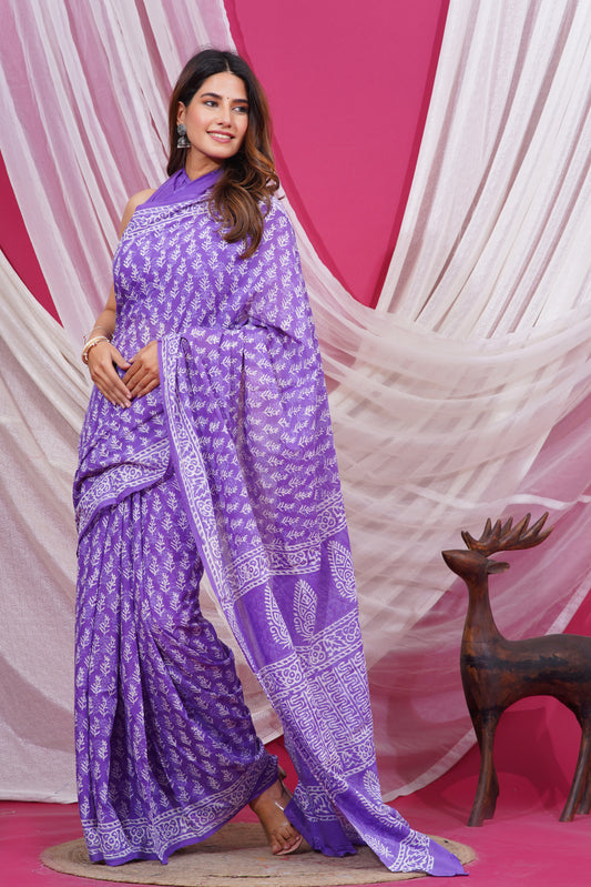 Jaipuri Hand Block Print Pure Soft Cotton Mulmul Saree With Blouse Piece (Lavender)