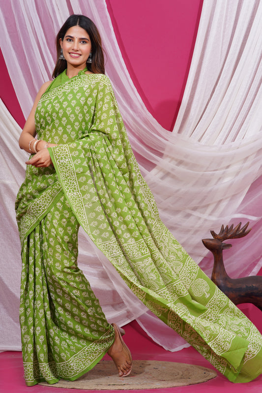 Jaipuri Hand Block Print Pure Soft Cotton Mulmul Saree With Blouse Piece