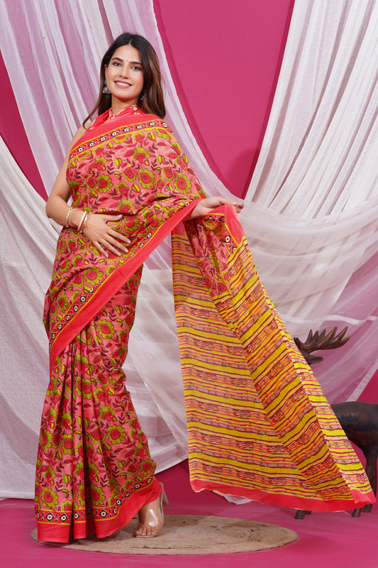 Jaipuri Hand Block Print Pure Soft Cotton Mulmul Saree With Blouse Piece(Multicolour)