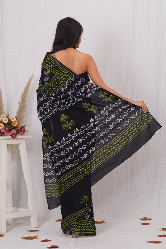 Black with Yellow Print Cotton Mulmul Saree With Blouse Piece