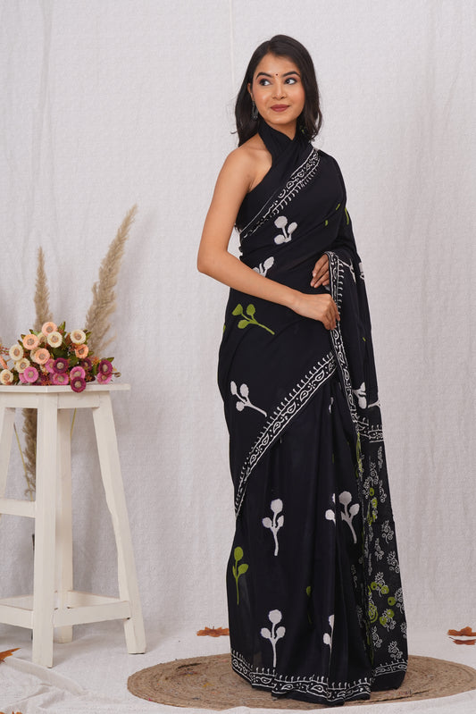 Black With Green and White Floral Print Cotton Mulmul Saree With Blouse Piece