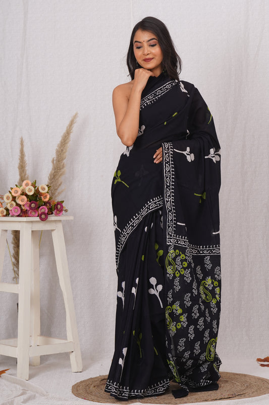 Black With Green and White Floral Print Cotton Mulmul Saree With Blouse Piece
