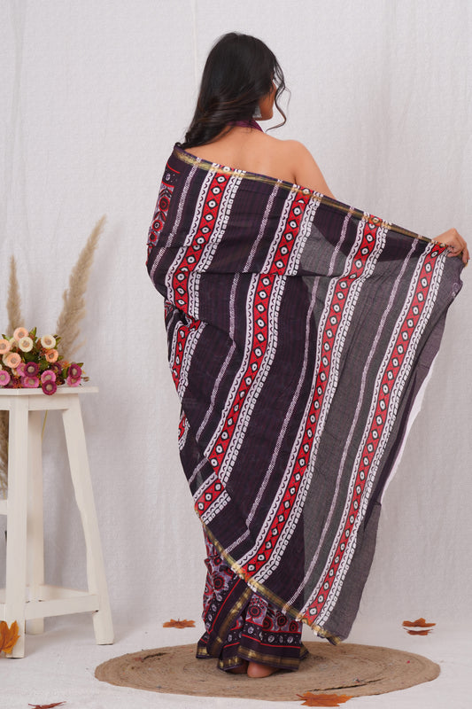 Wine Pure Soft Cotton Mulmul Saree with Zari Border and Blouse Piece – Hand Block Printed with Organic Vegetable Dyes