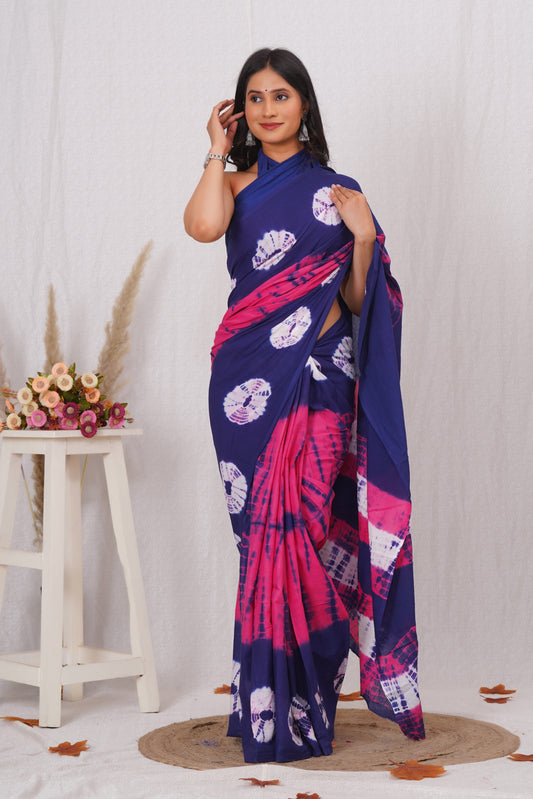 Navy Blue and Pink Cotton Mulmul Saree With Blouse Piece