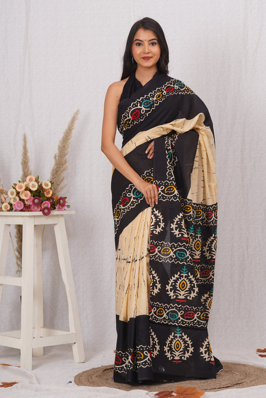 Beige and Black Cotton Mulmul Saree With Blouse Piece