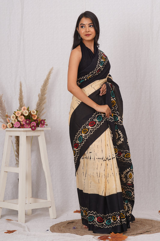 Beige and Black Cotton Mulmul Saree With Blouse Piece