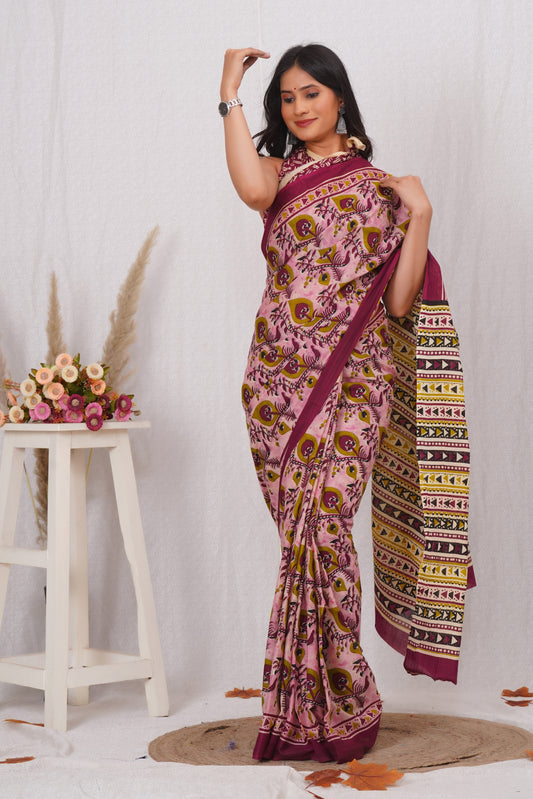 Wine Color Cotton Mulmul Saree With Blouse Piece