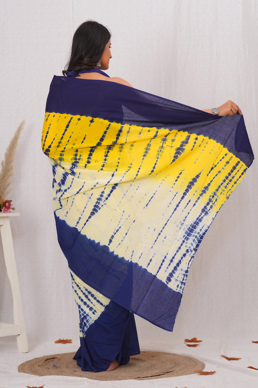 Blue and Yellow Cotton Mulmul Saree With Blouse Piece