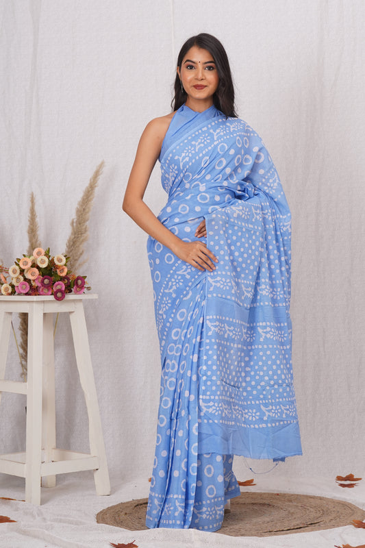 Sky Blue Cotton Mulmul Saree With Blouse Piece