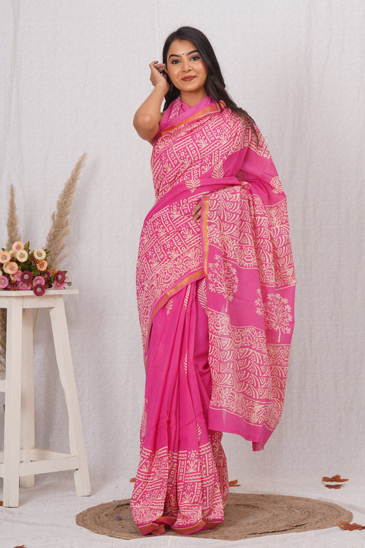 Soft Pink Pure Soft Cotton Mulmul Saree with Zari Border and Blouse Piece – Hand Block Printed with Organic Vegetable Dyes