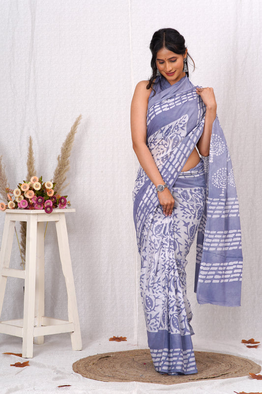 Light Purple Cotton Mulmul Saree With Blouse Piece
