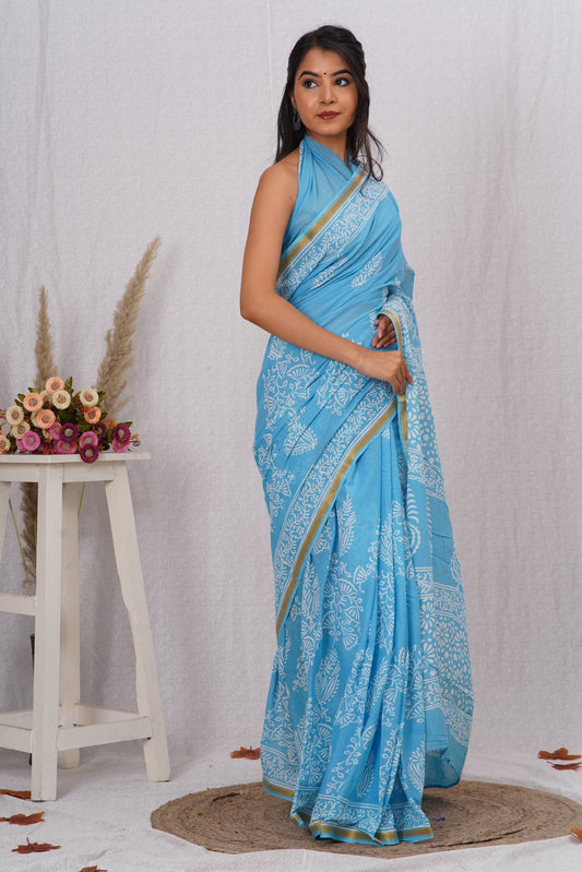 Sky Blue Pure Soft Cotton Mulmul Saree with Zari Border and Blouse Piece – Hand Block Printed with Organic Vegetable Dyes