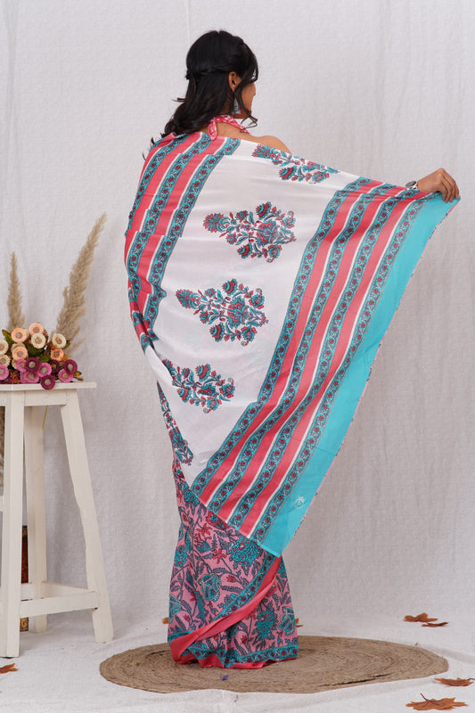 Pink and Green Cotton Mulmul Saree With Blouse Piece