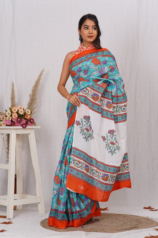 Orange and Green Cotton Mulmul Saree With Blouse Piece