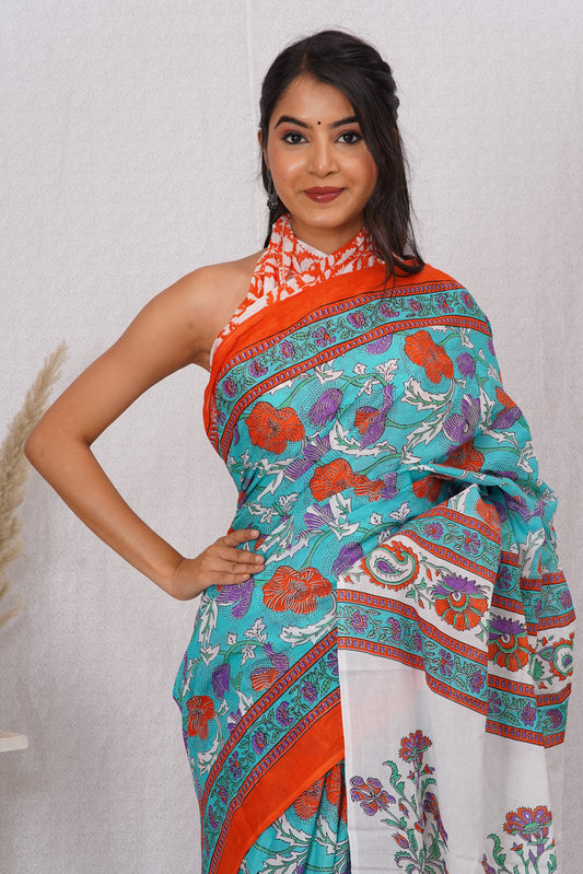 Orange and Green Cotton Mulmul Saree With Blouse Piece