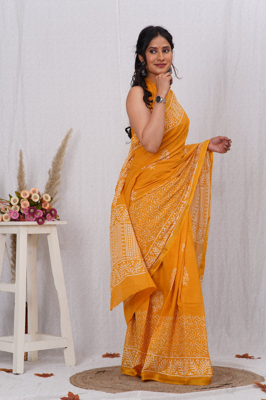 Yellow Pure Soft Cotton Mulmul Saree with Zari Border and Blouse Piece – Hand Block Printed with Organic Vegetable Dyes
