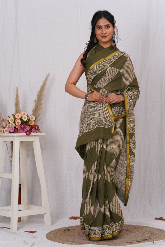 Green Pure Soft Cotton Mulmul Saree with Zari Border and Blouse Piece – Hand Block Printed with Organic Vegetable Dyes