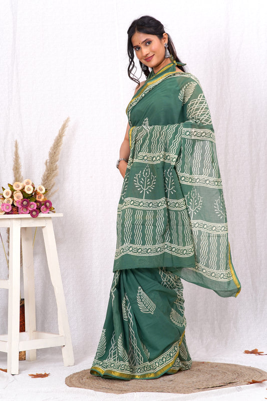 Little Green Pure Soft Cotton Mulmul Saree with Zari Border and Blouse Piece – Hand Block Printed with Organic Vegetable Dyes