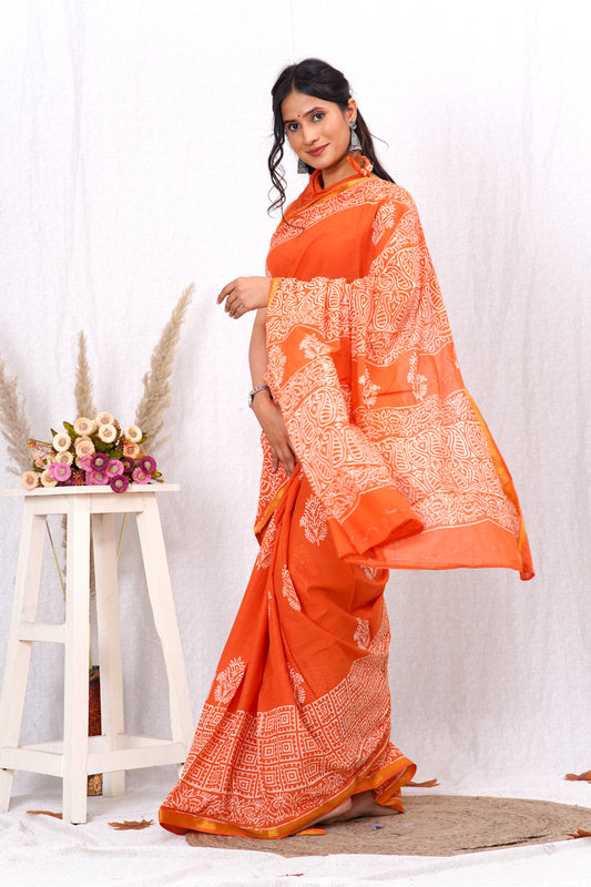 Orange Pure Soft Cotton Mulmul Saree with Zari Border and Blouse Piece – Hand Block Printed with Organic Vegetable Dyes