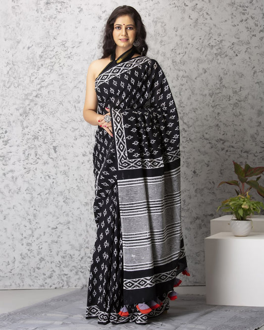 Black & White Star Pure Soft Cotton Mulmul Saree With Blouse Piece