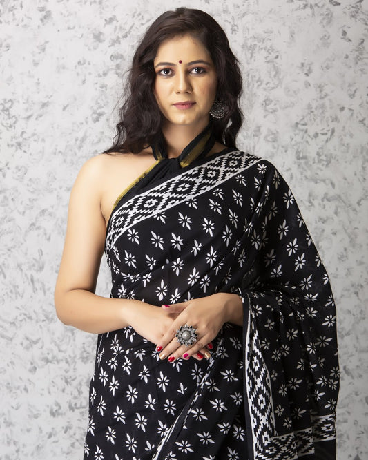 Black & White Star Pure Soft Cotton Mulmul Saree With Blouse Piece