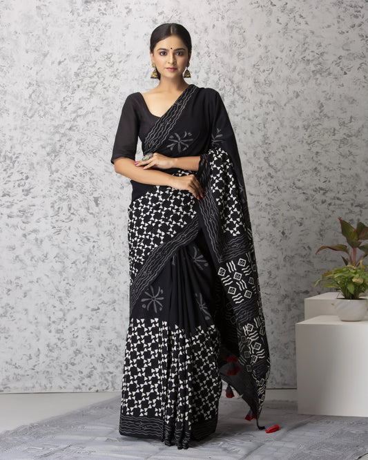 Black & White Chakri Pure Soft Cotton Mulmul Saree With Blouse Piece