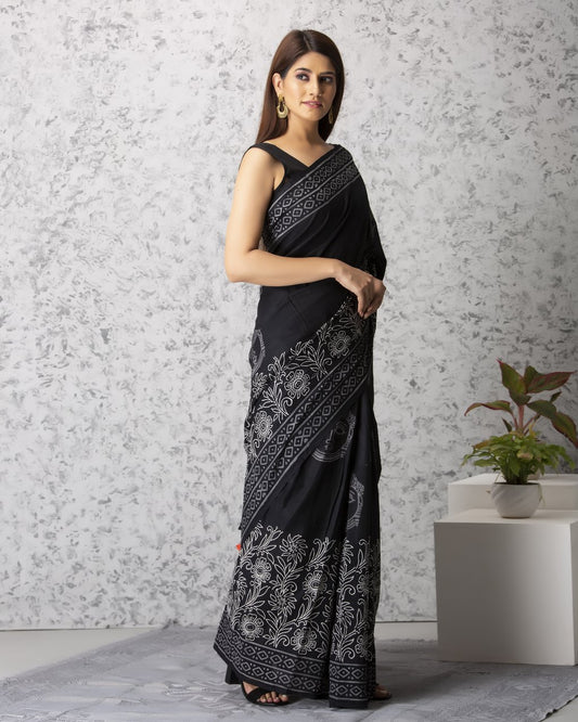 Black & White Budha Pure Soft Cotton Saree With Blouse Piece