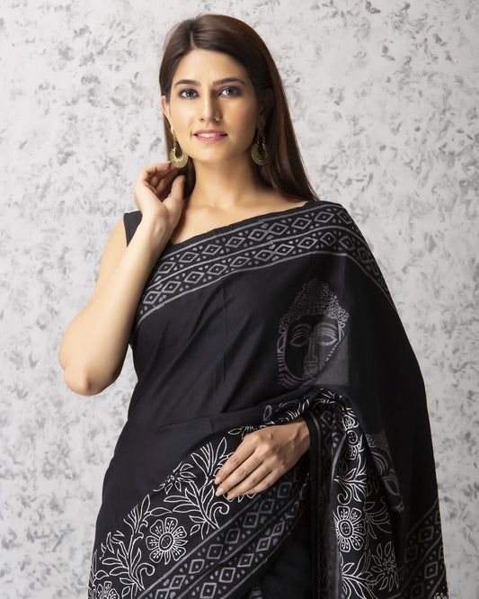 Black & White Budha Pure Soft Cotton Saree With Blouse Piece