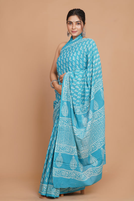 Bagru Print Mulmul Cotton Saree – Floral Buti Print