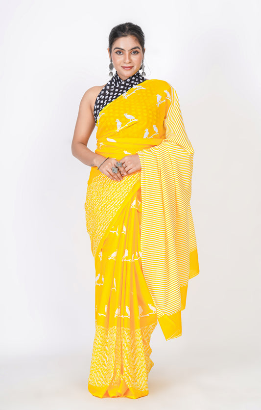 Bagru Print Mulmul Cotton Saree – Bird Motif Print