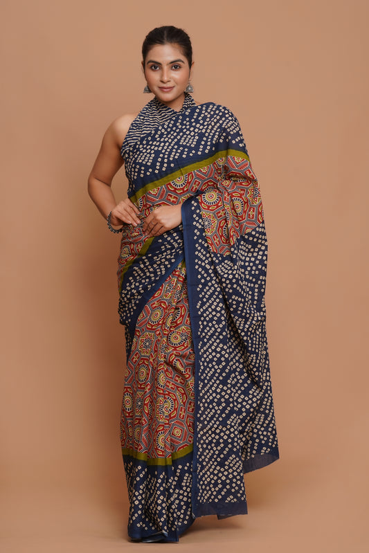 Bagru Print Mulmul Cotton Saree – Amethyst Flora