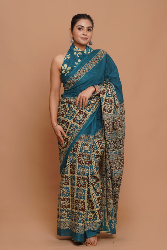 Bagru Print Mulmul Cotton Saree – Peacock Weave