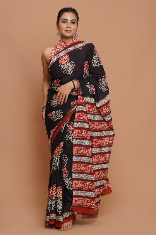 Bagru Print Mulmul Cotton Saree – Ruby Heritage