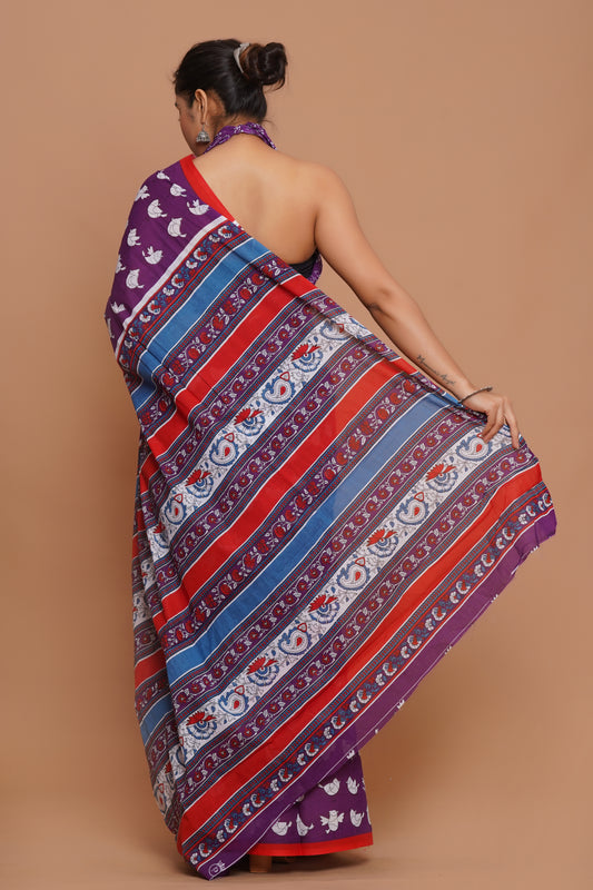 Bagru Print Mulmul Cotton Saree – Amethyst Bloom