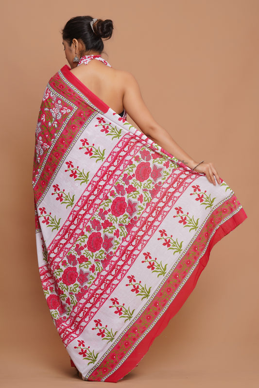 Bagru Print Mulmul Cotton Saree – Royal Blossom