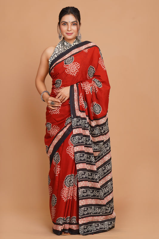 Bagru Print Mulmul Cotton Saree – Floral Buti Print