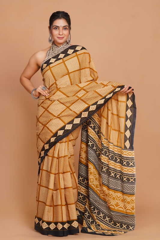 Bagru Print Mulmul Cotton Saree – Floral Buti Print