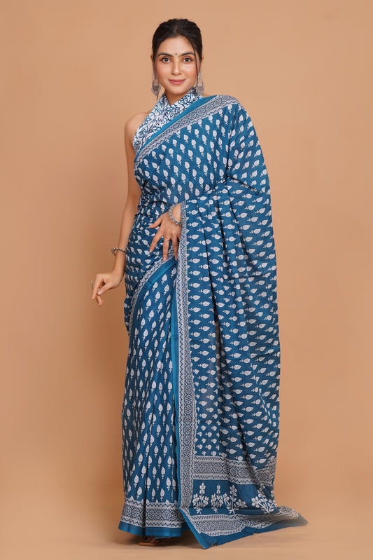 Bagru Print Mulmul Cotton Saree – Floral Buti Print