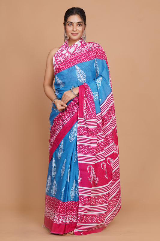 Bagru Print Mulmul Cotton Saree – Rose Tide