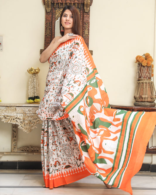Orange Warli Pure Soft Cotton Mulmul Saree With Blouse Piece