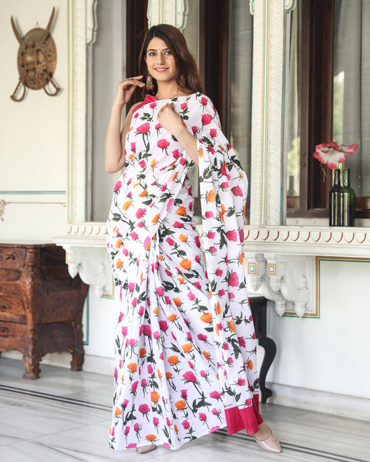 Pink Flower Cotton Mulmul Saree With Blouse Piece