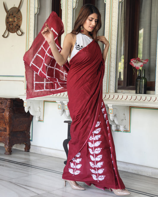 Maroon Jaipuri Print Pure Soft Cotton Murmul Saree With Blouse Piece