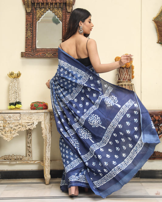 Pompom Lace Indigo Buti Jaipuri, Bagru Printed Pure Soft Cotton Mulmul Saree With Blouse Piece