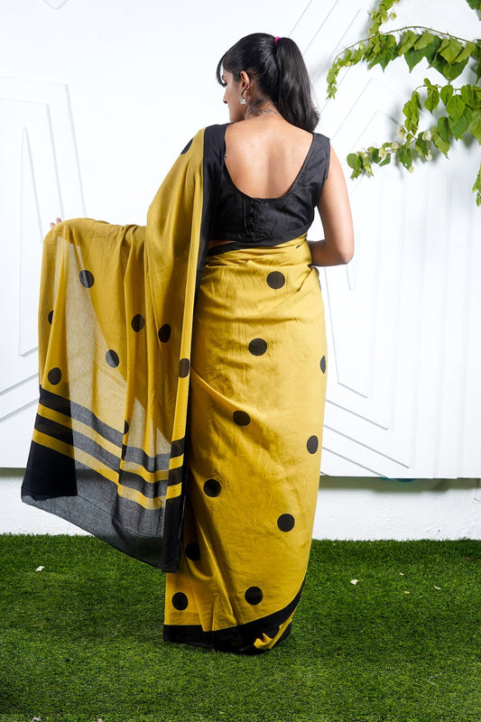 Golden Yellow cotton mulmul saree