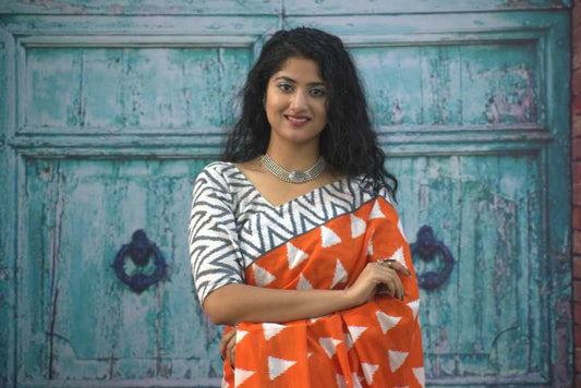 Pompom Lace Jaipuri Print Pure Soft Cotton Mulmul Saree With Blouse Piece (Orange)